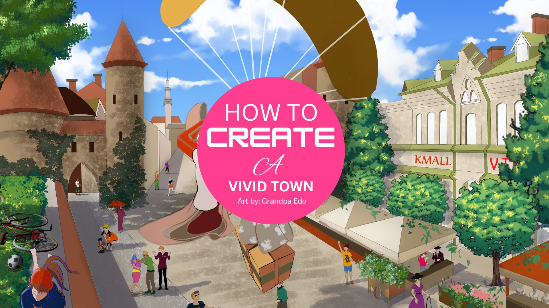 A cover image of the book "How to create a vivid town in Clip Studio Paint". The scene is about an ancient Japanese flying doctor landing in a small town.