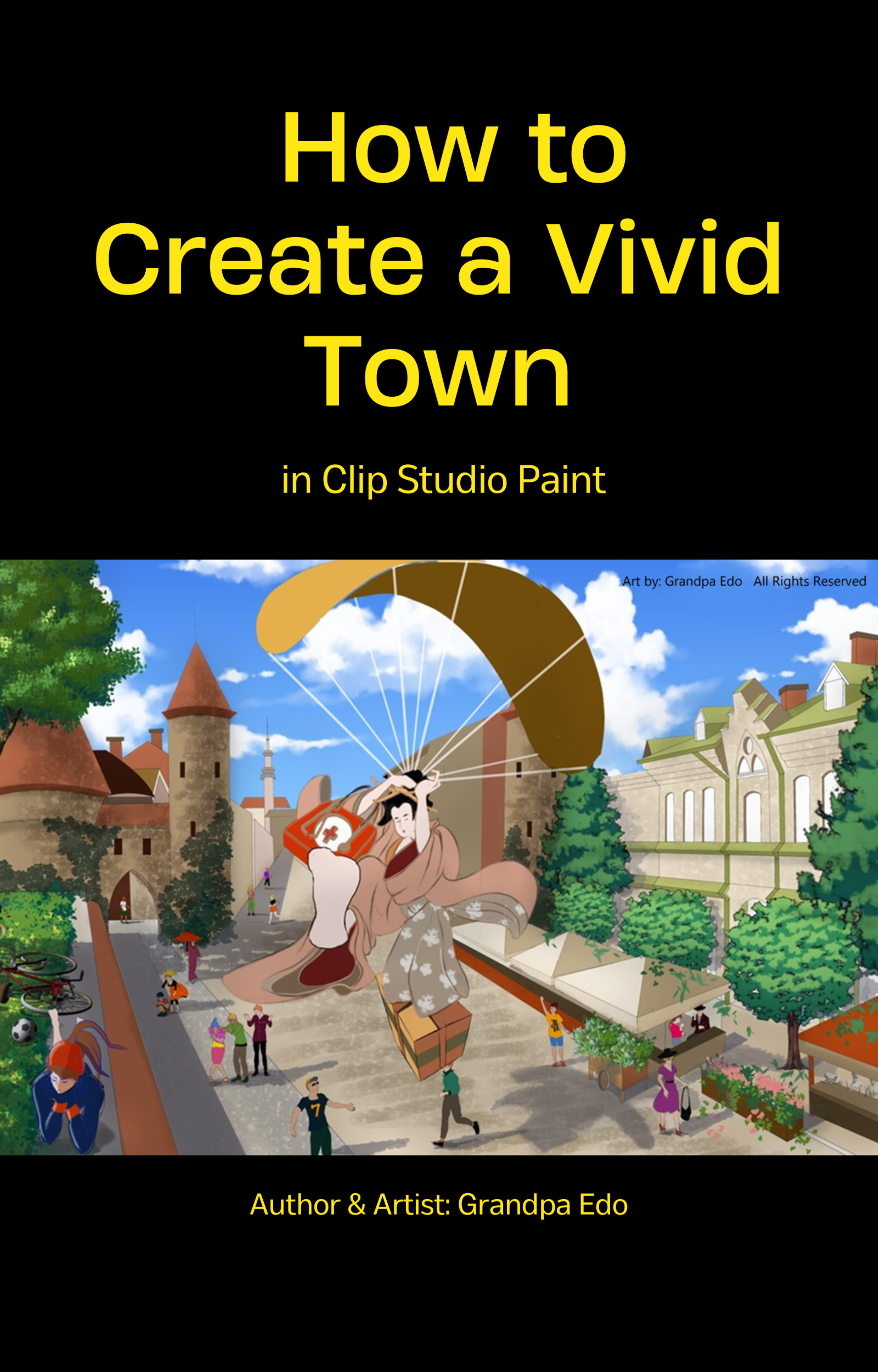 cover art of digital art book "how to create a vivid town in clip studio" on Amazon